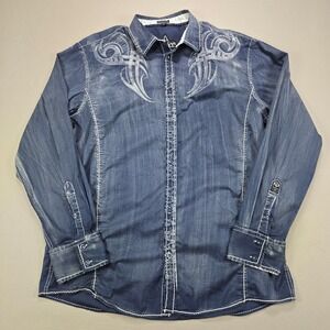 Roar Button Front Shirt Tribal Embroidery Faded Blue Rock Western Mens XL